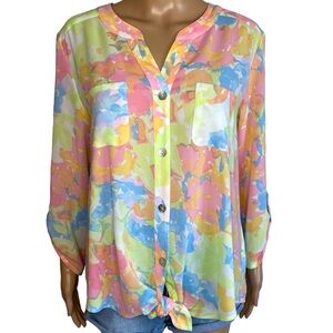 Ruby Rd. Pastel Abstract Watercolor Roll Tab Long Sleeve Button Down Blouse